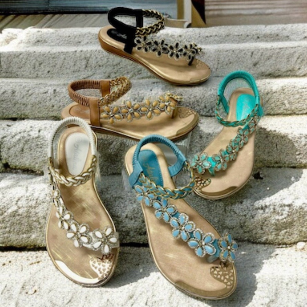 3 Left!  Italina Camel Floral Rhinestone Flat Sandal - Picture 13 of 13